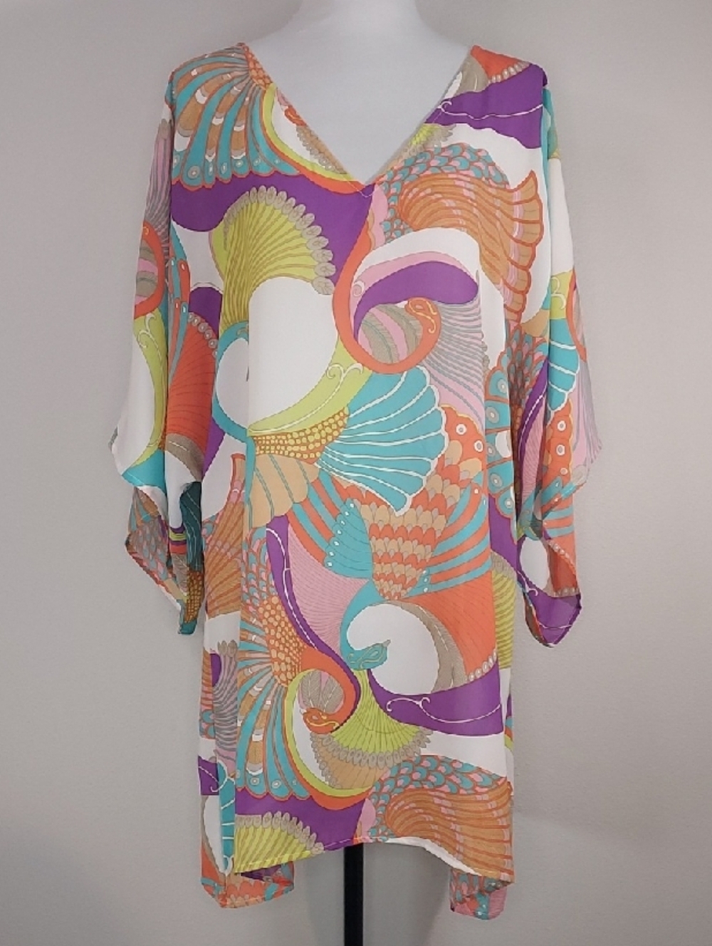 Josh Brody Peacock Abstract Colorful Print Chiffon Kaftan Swim Coverup Size 2
